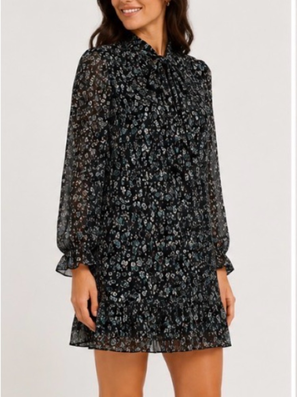 Zara Black Floral Metallic Shimmer Tie Neck Dress